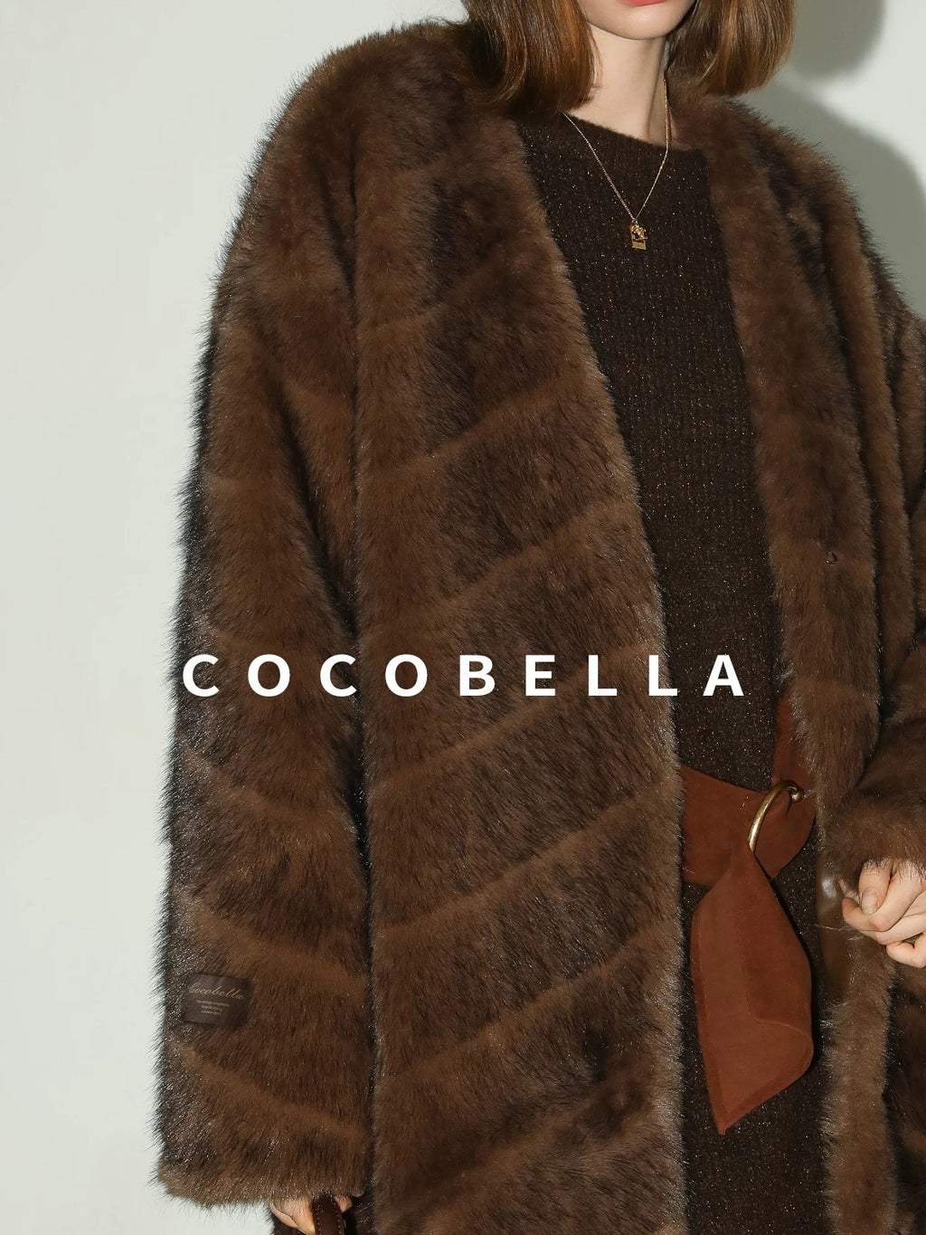COCOBELLA Plush Faux Fur Long V Neck Straight Fit Women Office Chic Black Brown Coats