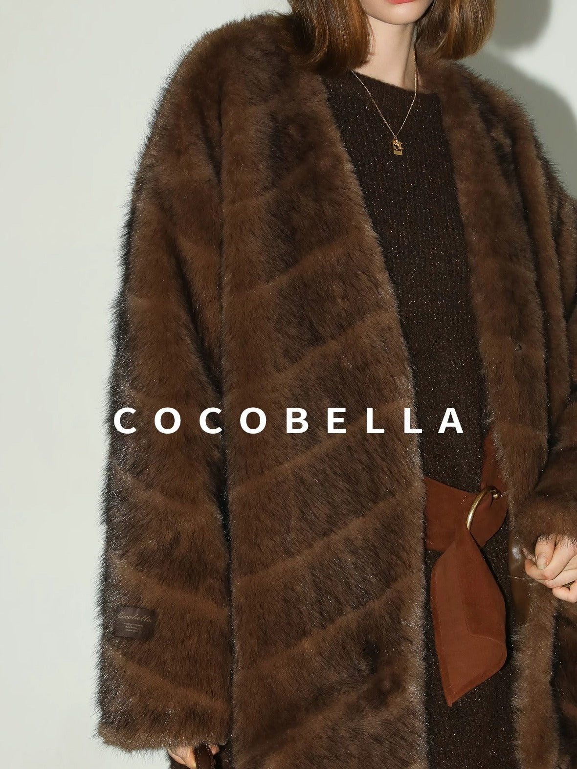 COCOBELLA Plush Faux Fur Long V Neck Straight Fit Women Office Chic Black Brown Coats