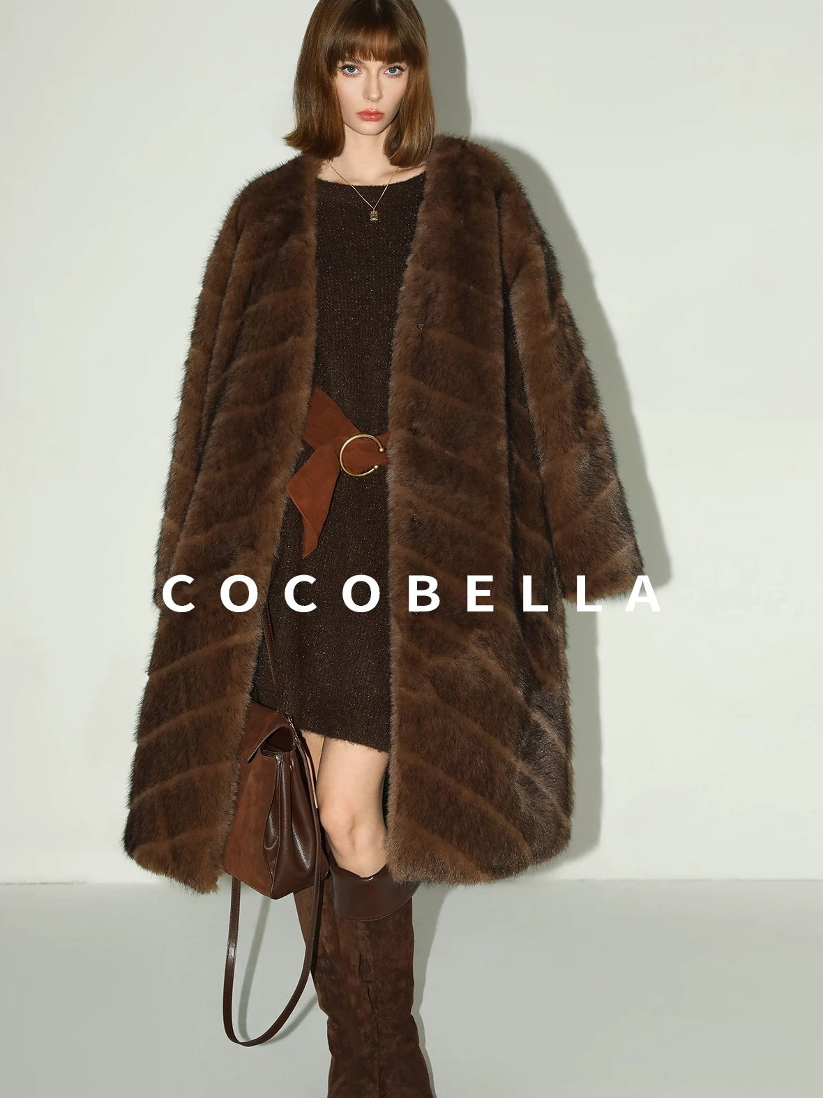 COCOBELLA Plush Faux Fur Long V Neck Straight Fit Women Office Chic Black Brown Coats
