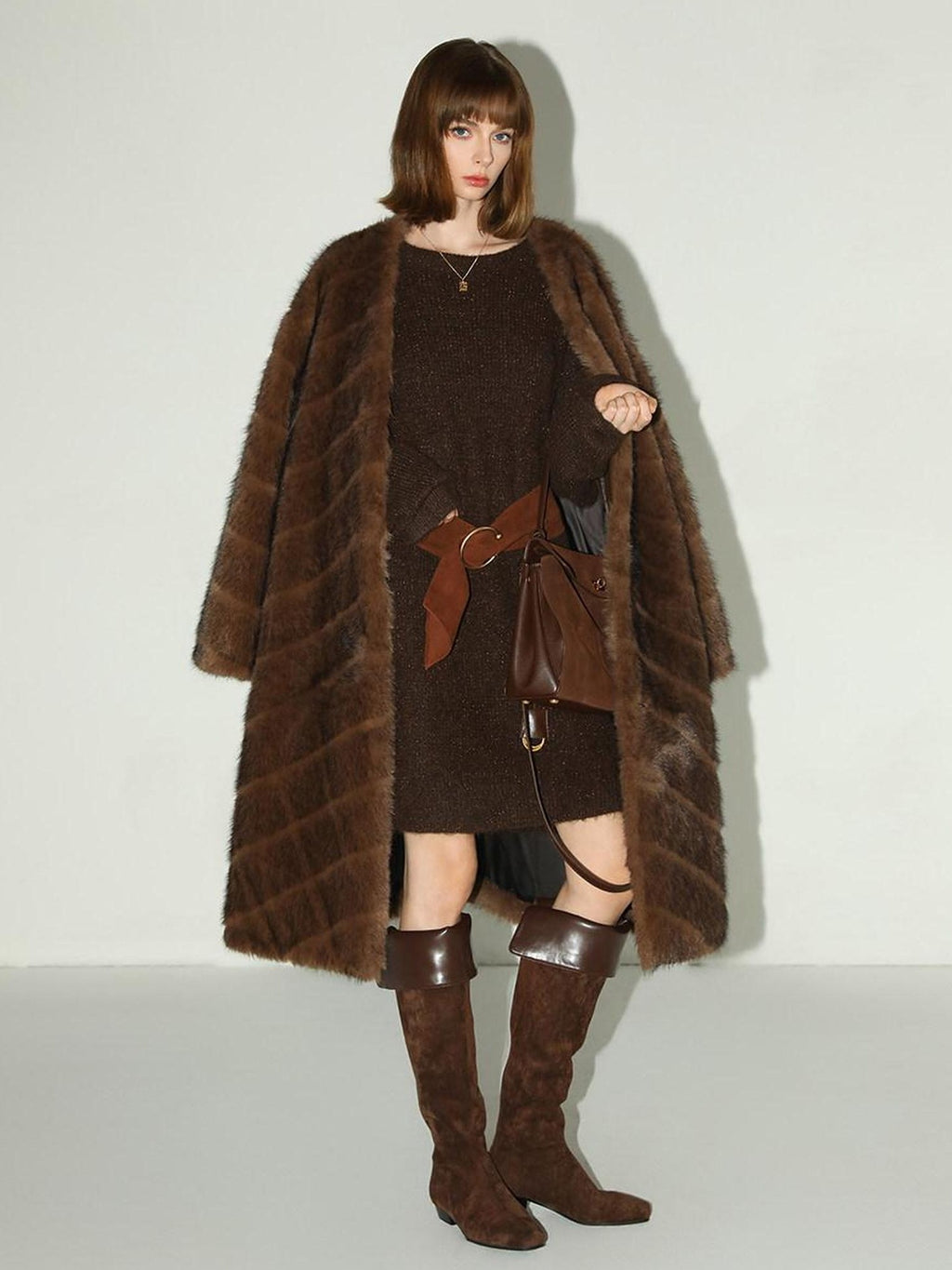 COCOBELLA Plush Faux Fur Long V Neck Straight Fit Women Office Chic Black Brown Coats