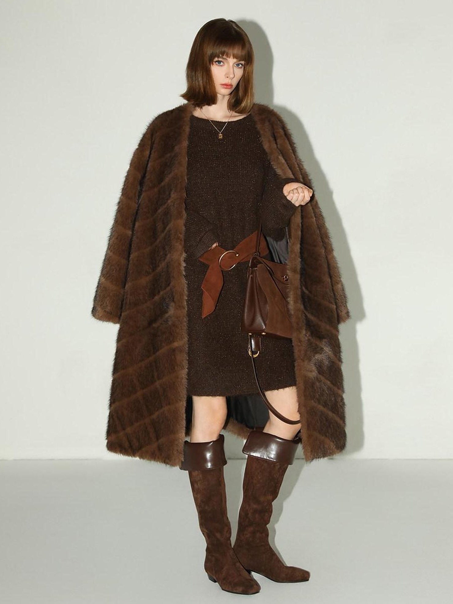 COCOBELLA Plush Faux Fur Long V Neck Straight Fit Women Office Chic Black Brown Coats