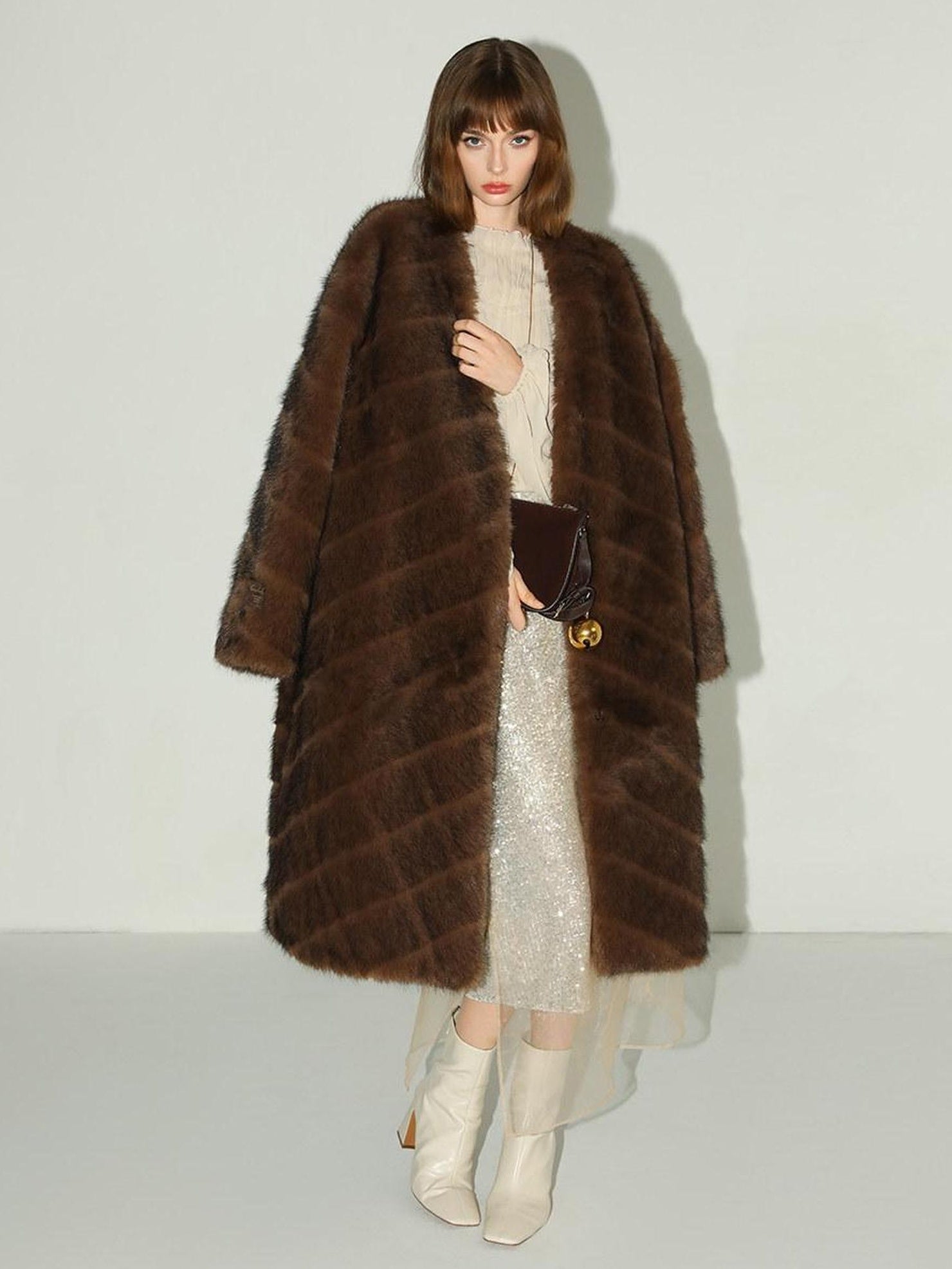 COCOBELLA Plush Faux Fur Long V Neck Straight Fit Women Office Chic Black Brown Coats