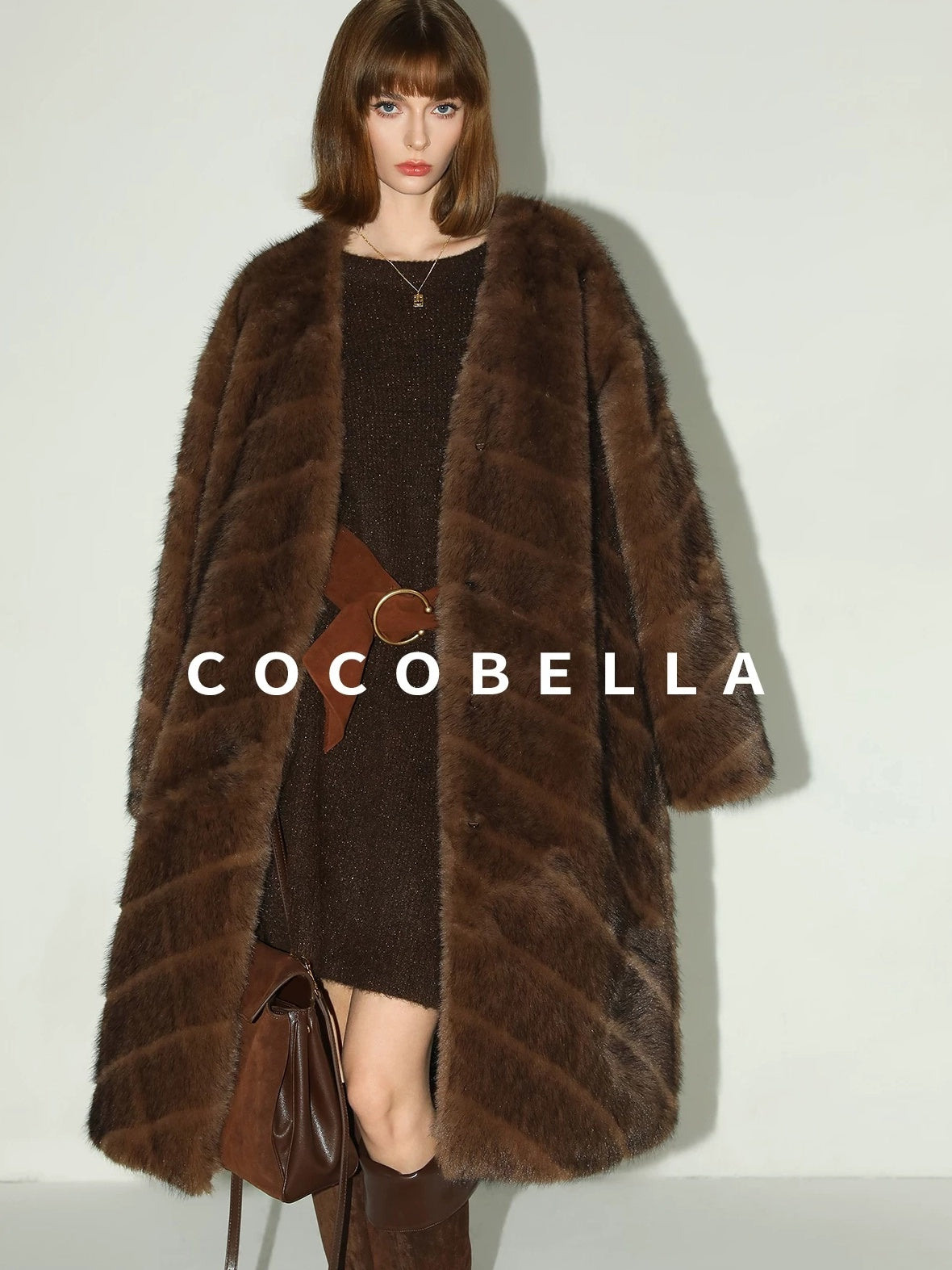 COCOBELLA Plush Faux Fur Long V Neck Straight Fit Women Office Chic Black Brown Coats