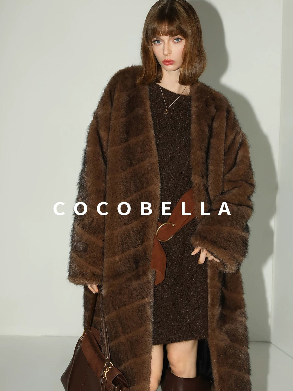 COCOBELLA Plush Faux Fur Long V Neck Straight Fit Women Office Chic Black Brown Coats