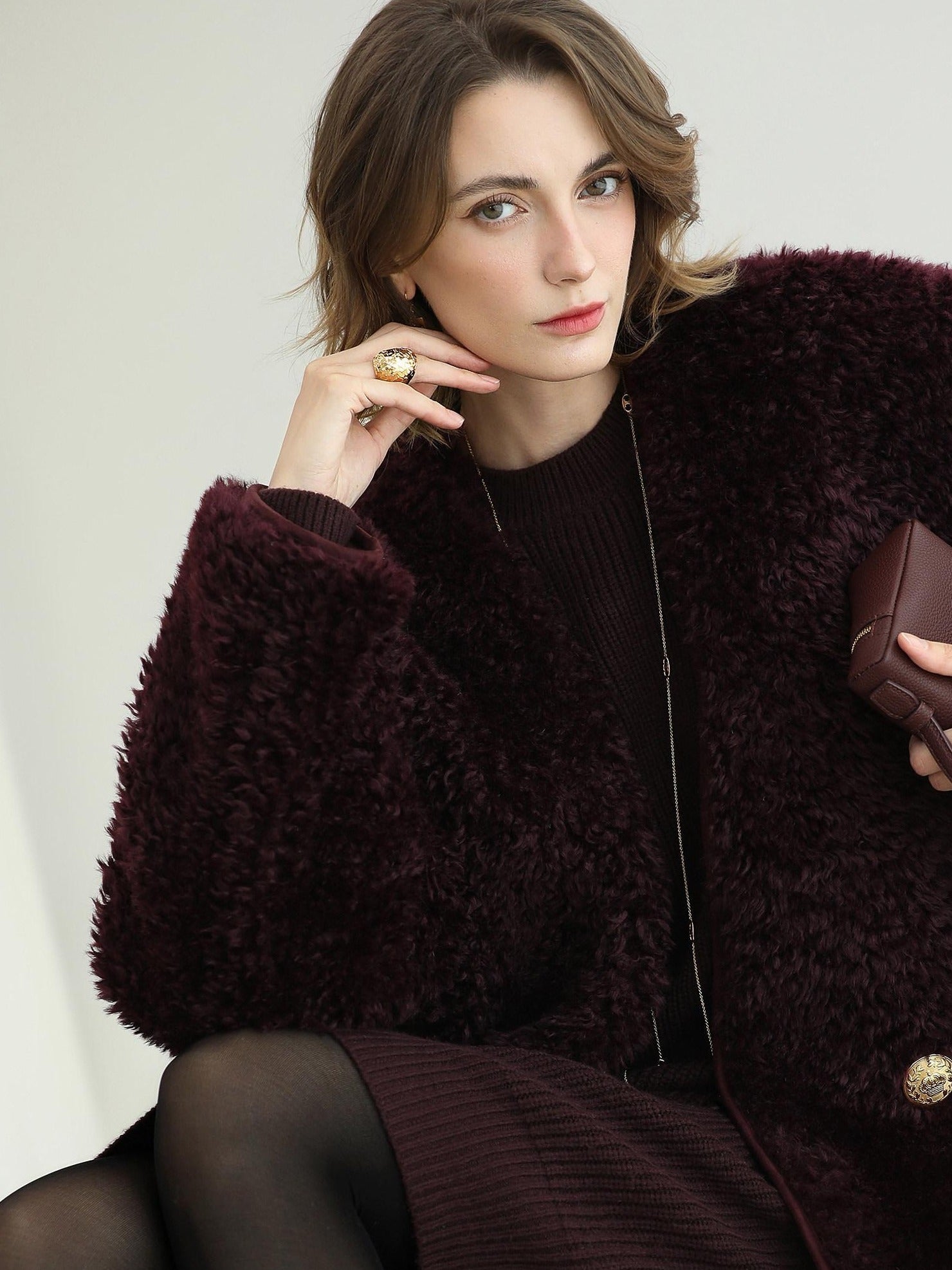 COCOBELLA Plush Faux Fur Midlength Double Breasted Loose Women Vintage Purple Coats