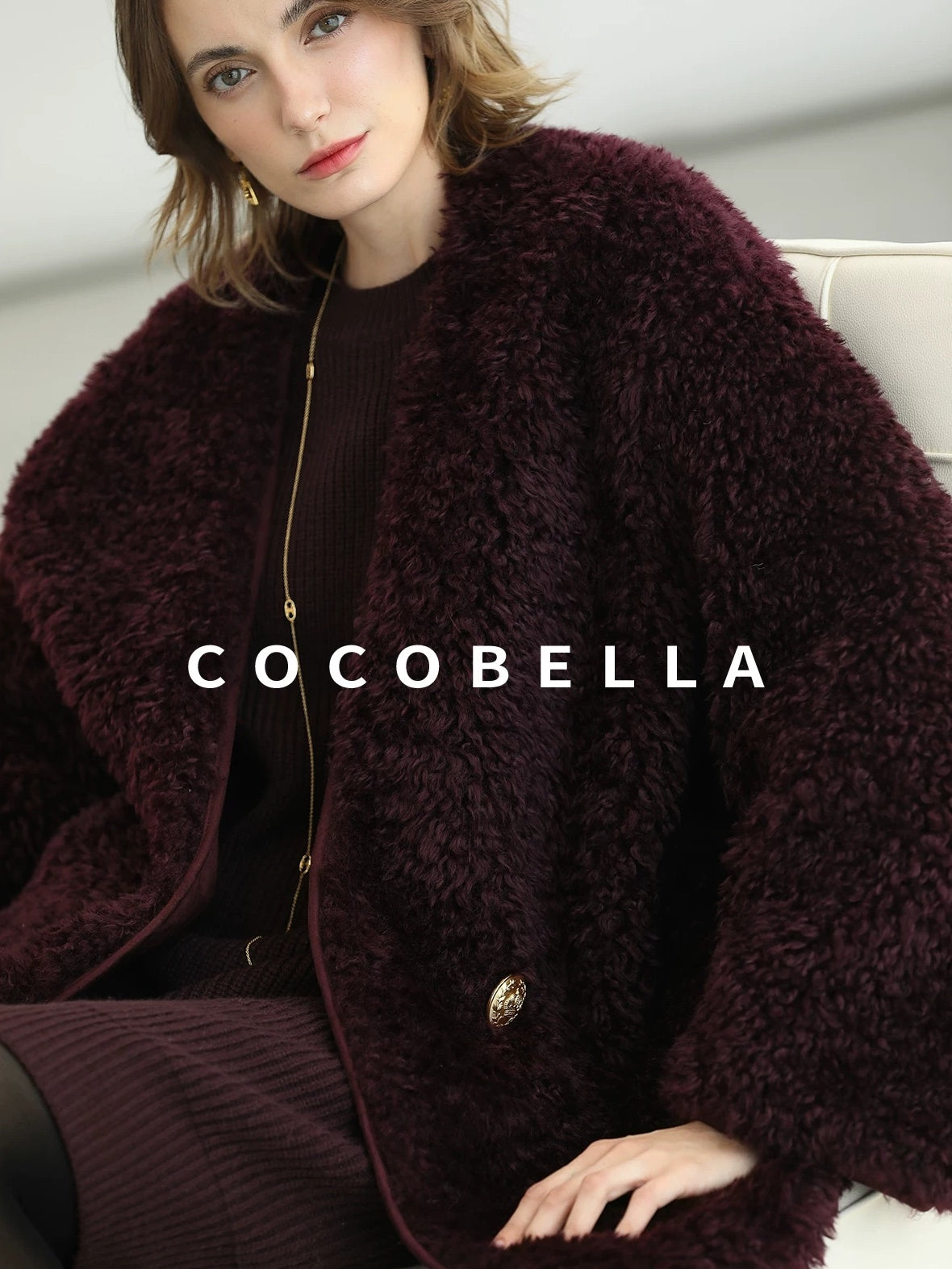 COCOBELLA Plush Faux Fur Midlength Double Breasted Loose Women Vintage Purple Coats