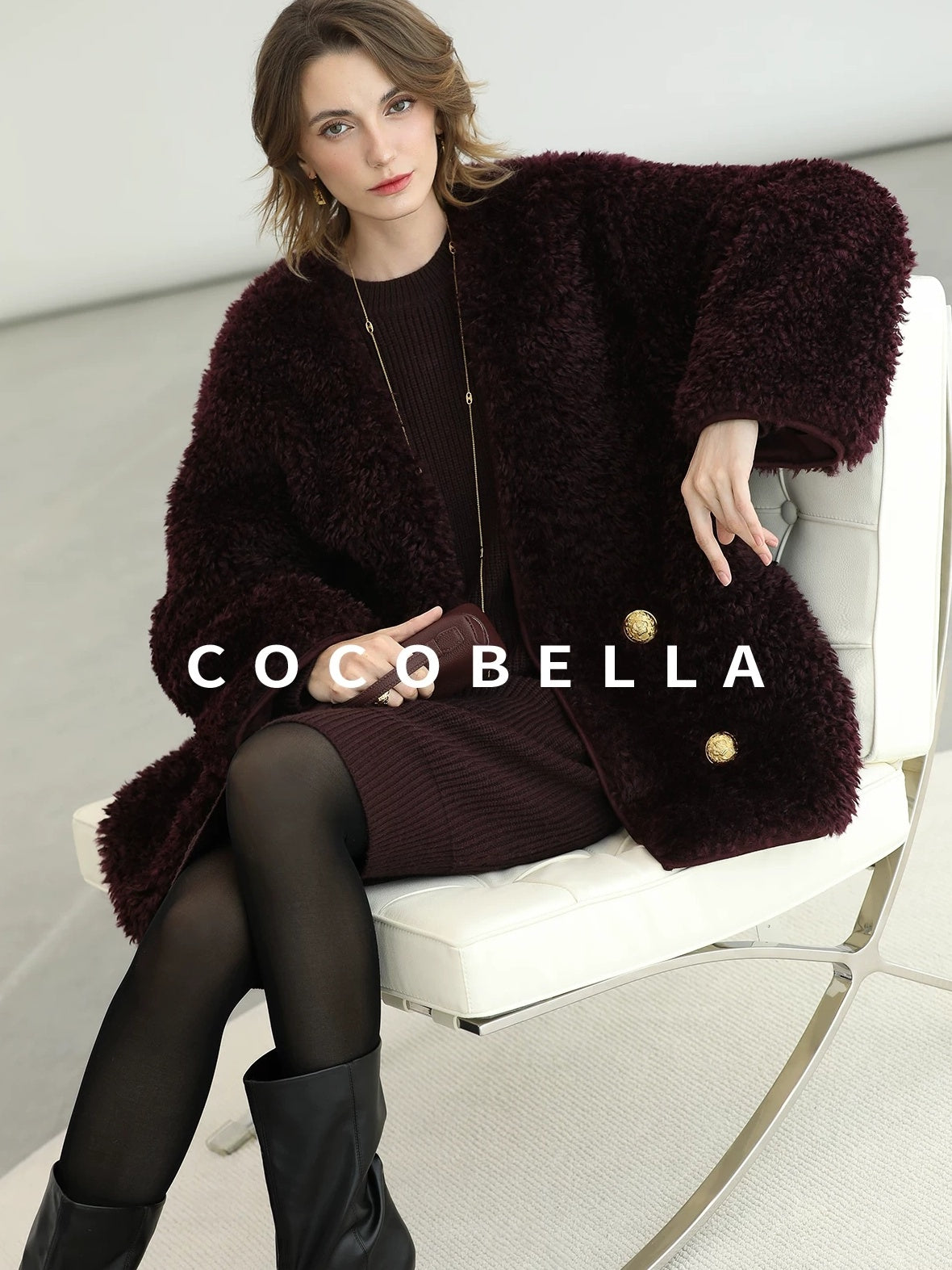 COCOBELLA Plush Faux Fur Midlength Double Breasted Loose Women Vintage Purple Coats