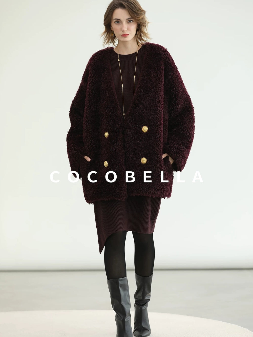 COCOBELLA Plush Faux Fur Midlength Double Breasted Loose Women Vintage Purple Coats