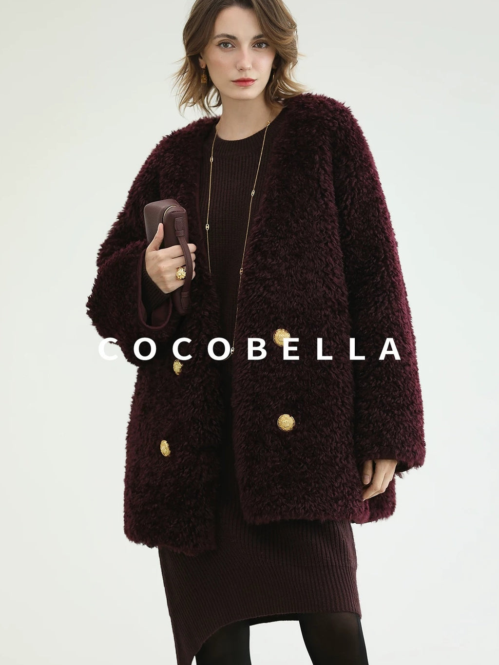 COCOBELLA Plush Faux Fur Midlength Double Breasted Loose Women Vintage Purple Coats