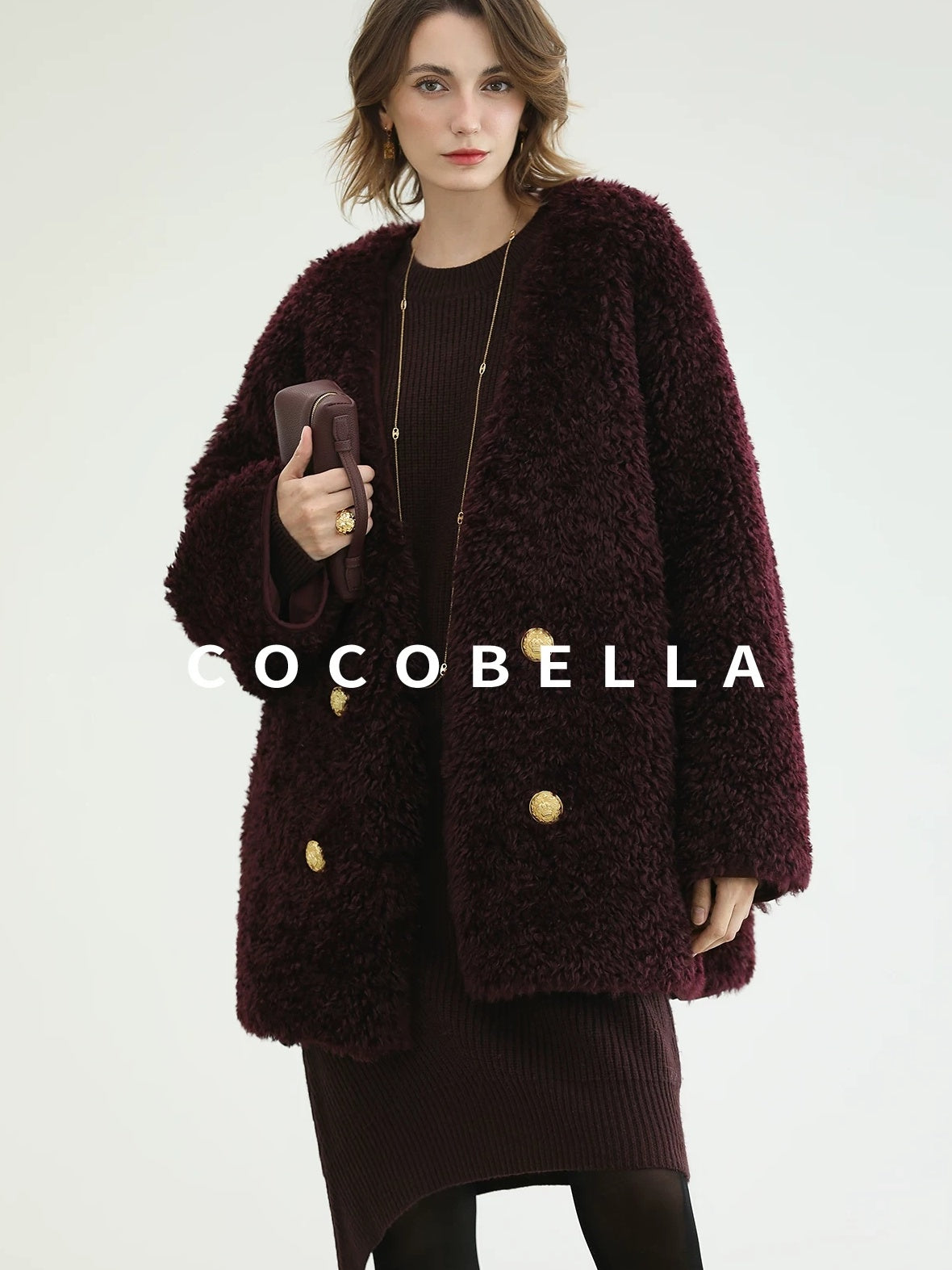 COCOBELLA Plush Faux Fur Midlength Double Breasted Loose Women Vintage Purple Coats