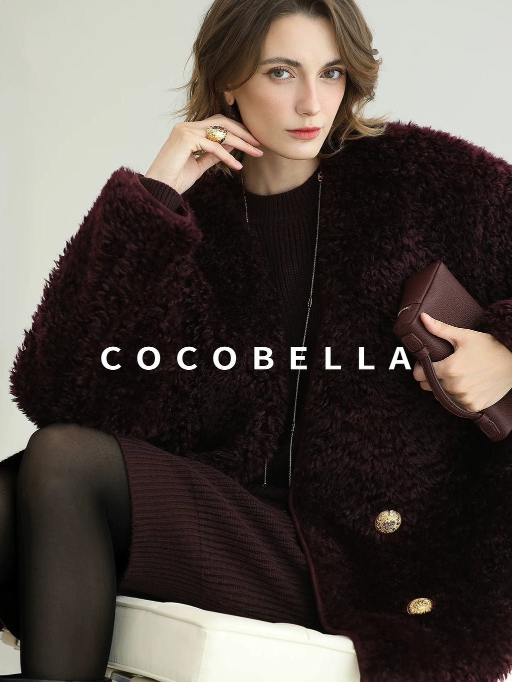 COCOBELLA Plush Faux Fur Midlength Double Breasted Loose Women Vintage Purple Coats