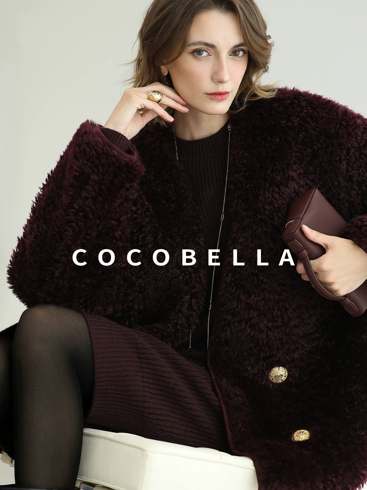 COCOBELLA Plush Faux Fur Midlength Double Breasted Loose Women Vintage Purple Coats