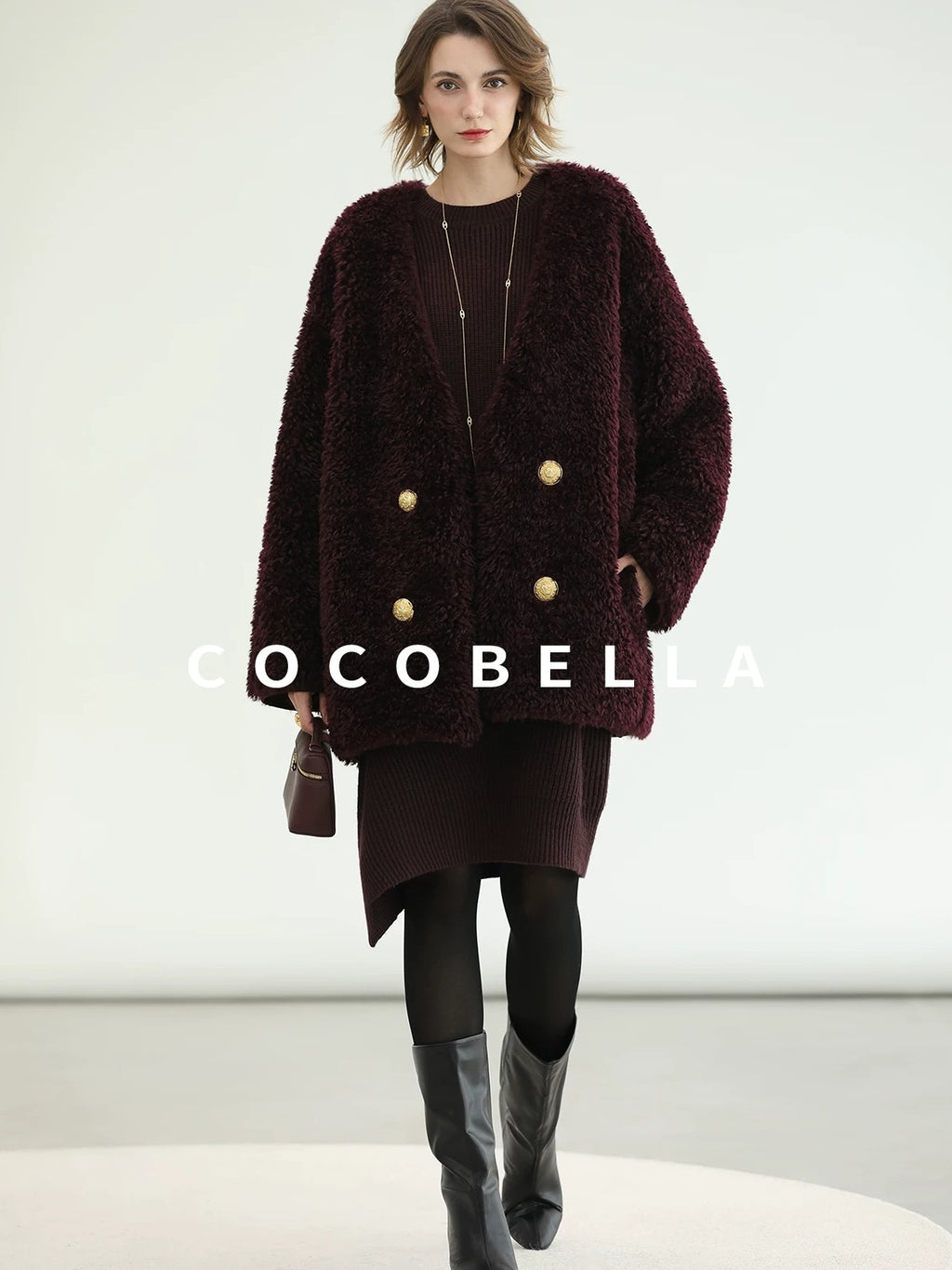 COCOBELLA Plush Faux Fur Midlength Double Breasted Loose Women Vintage Purple Coats