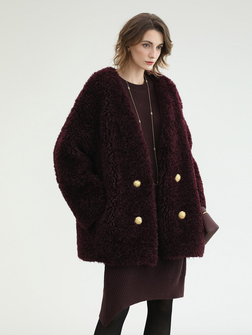 COCOBELLA Plush Faux Fur Midlength Double Breasted Loose Women Vintage Purple Coats