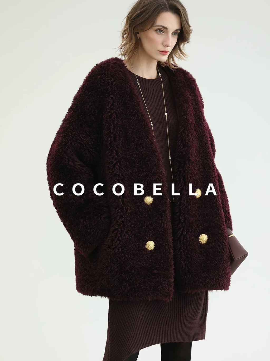 COCOBELLA Plush Faux Fur Midlength Double Breasted Loose Women Vintage Purple Coats