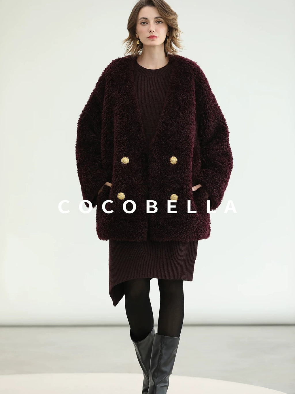COCOBELLA Plush Faux Fur Midlength Double Breasted Loose Women Vintage Purple Coats