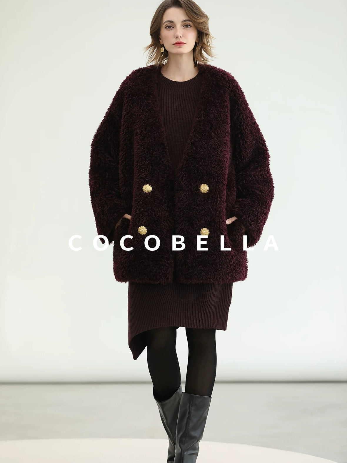 COCOBELLA Plush Faux Fur Midlength Double Breasted Loose Women Vintage Purple Coats