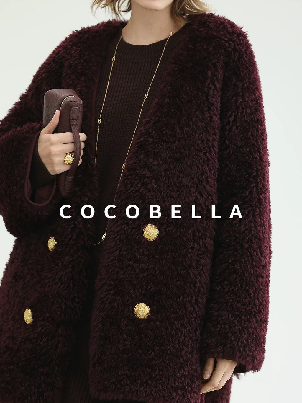 COCOBELLA Plush Faux Fur Midlength Double Breasted Loose Women Vintage Purple Coats