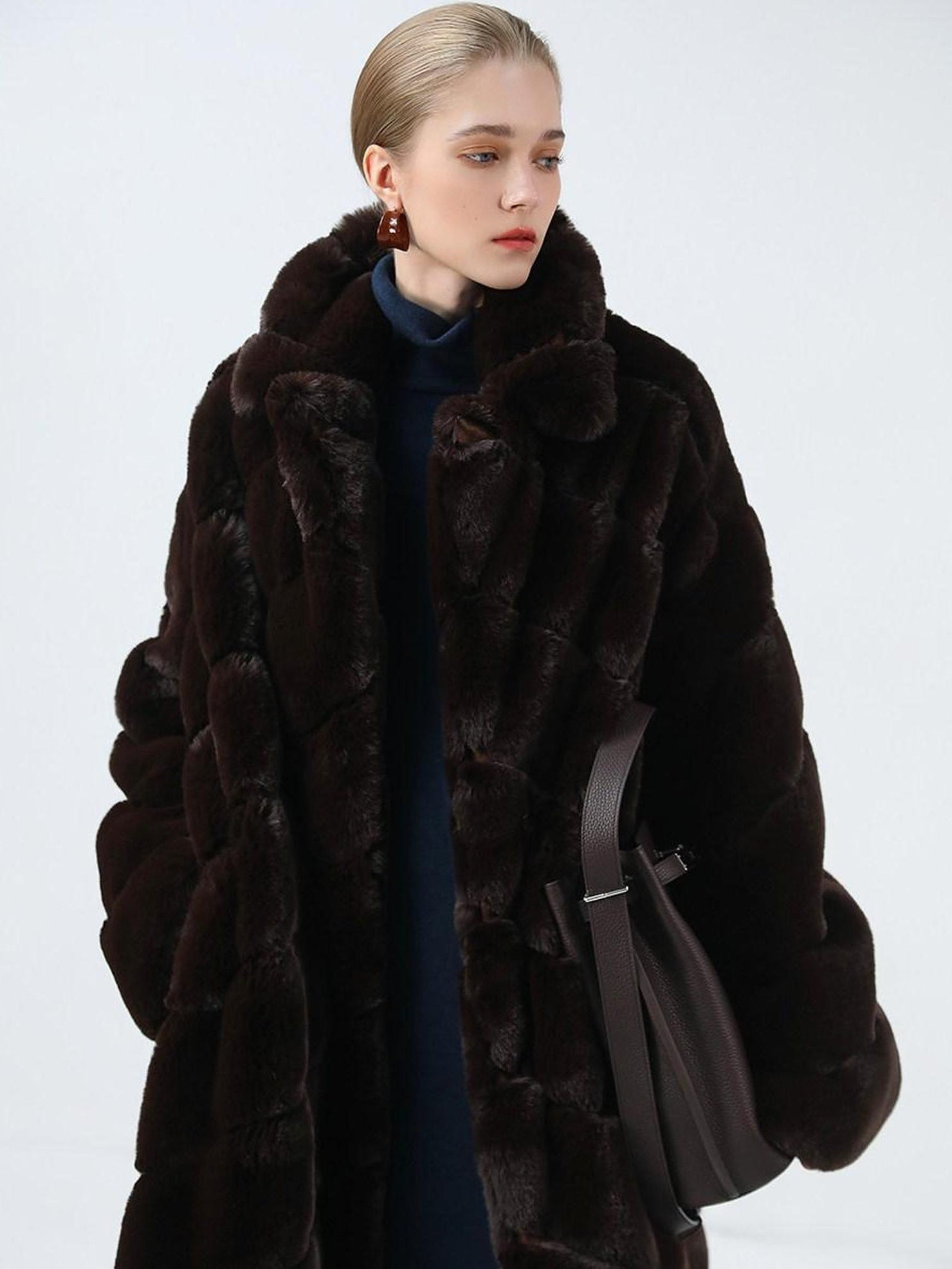 COCOBELLA Plush Faux Fur Oversized Stand Collar Vintage Commuter Coffee Brown Coats