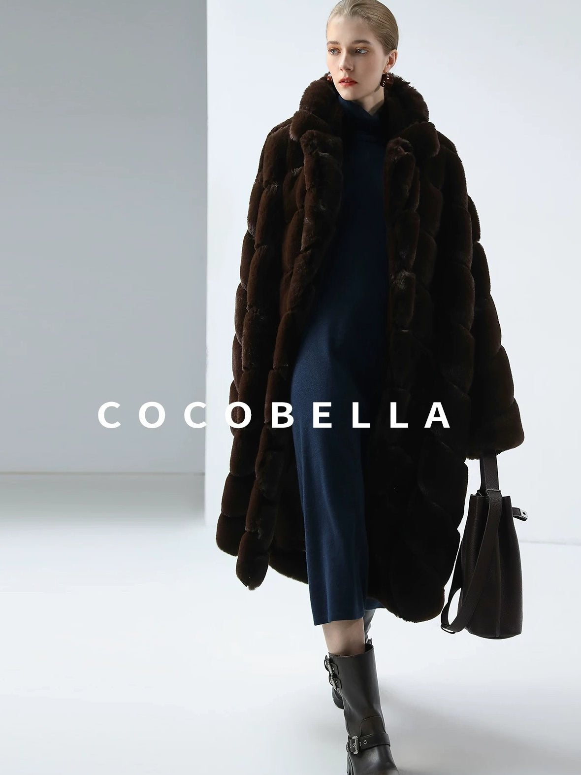 COCOBELLA Plush Faux Fur Oversized Stand Collar Vintage Commuter Coffee Brown Coats
