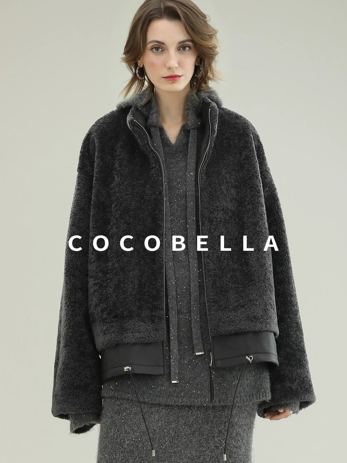 COCOBELLA Plush Faux Fur Relaxed Fit Zipper Longsleeve Women Office Charcoal Gray Jackets