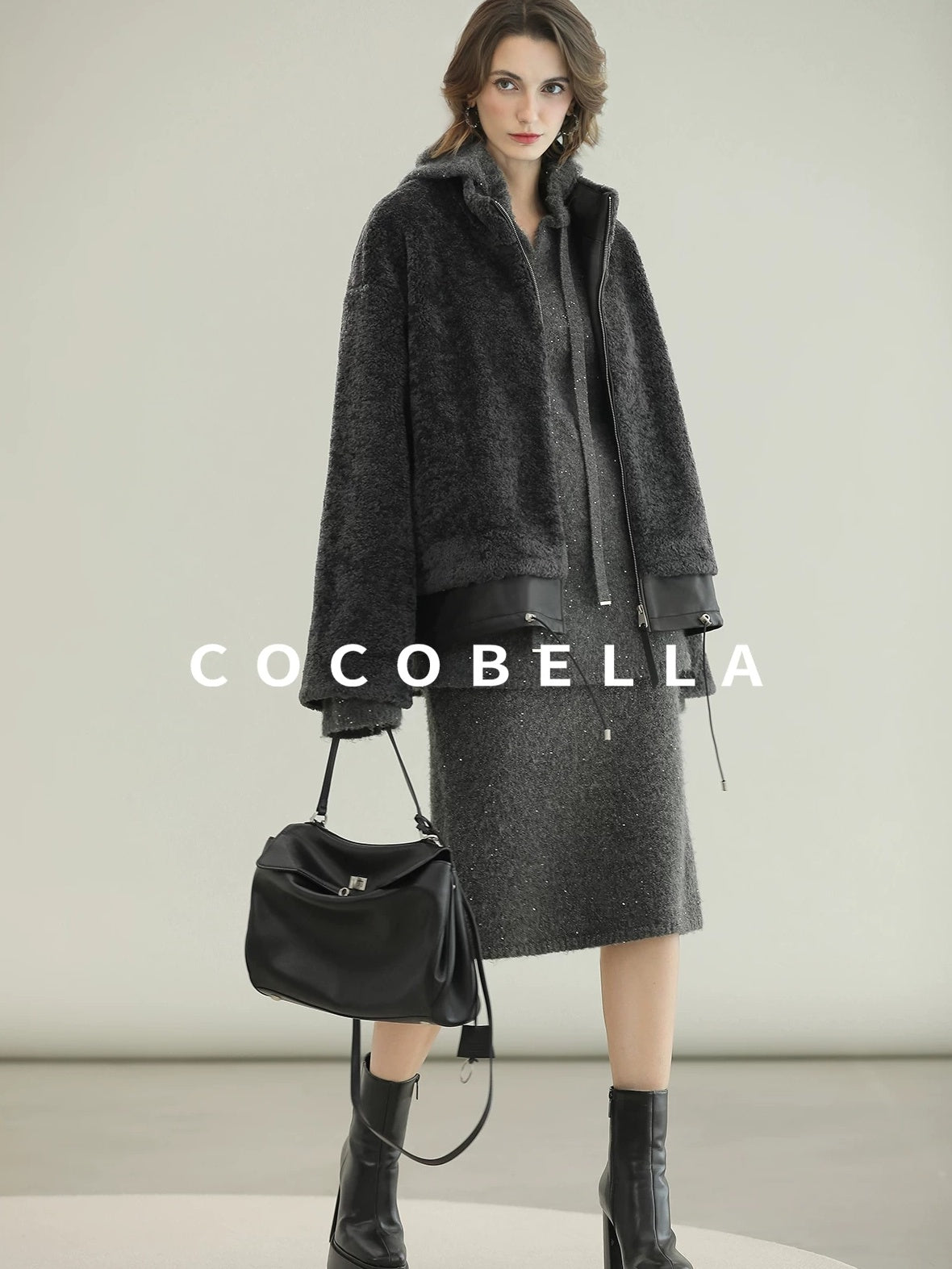 COCOBELLA Plush Faux Fur Relaxed Fit Zipper Longsleeve Women Office Charcoal Gray Jackets