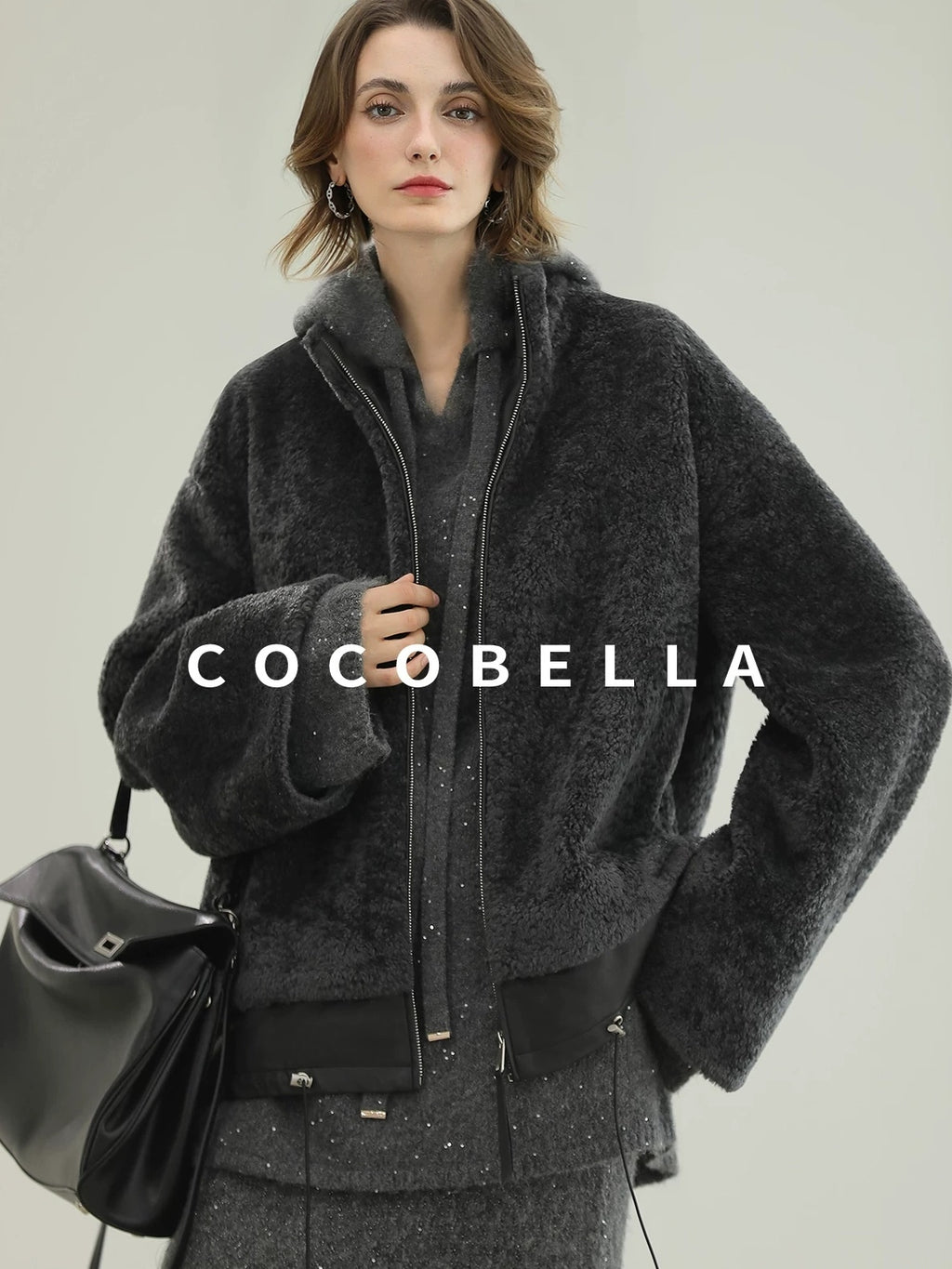 COCOBELLA Plush Faux Fur Relaxed Fit Zipper Longsleeve Women Office Charcoal Gray Jackets