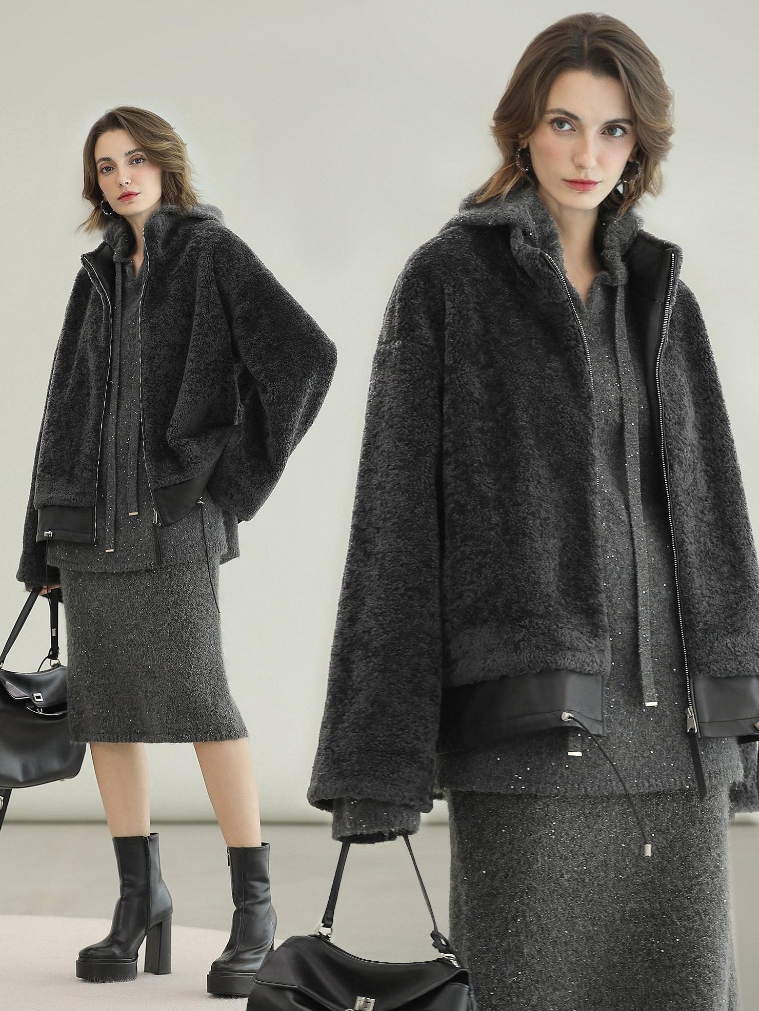 COCOBELLA Plush Faux Fur Relaxed Fit Zipper Longsleeve Women Office Charcoal Gray Jackets