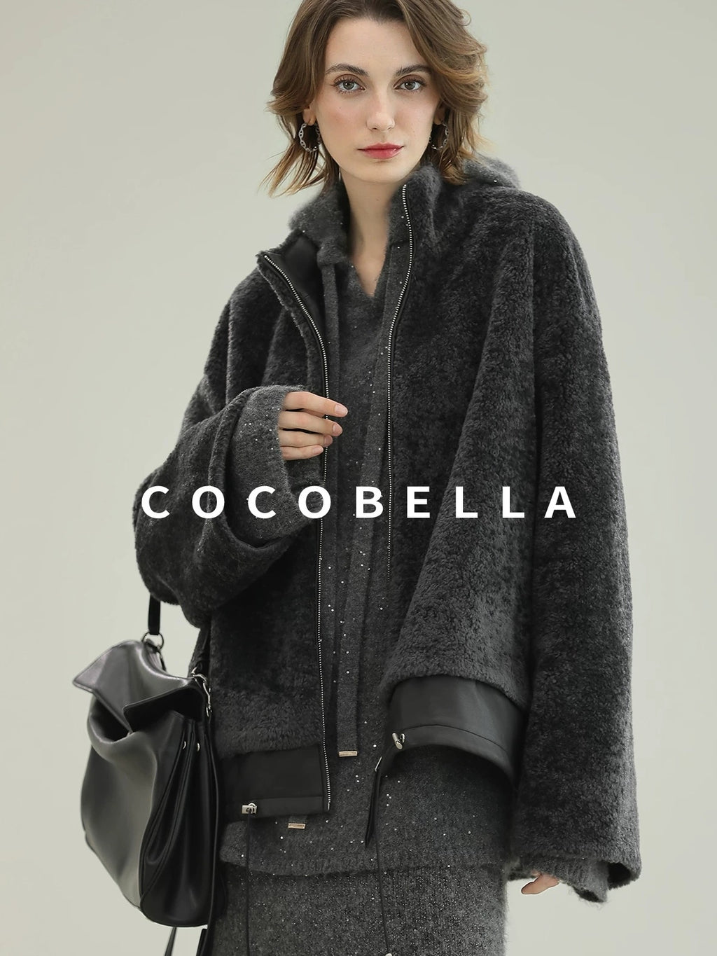 COCOBELLA Plush Faux Fur Relaxed Fit Zipper Longsleeve Women Office Charcoal Gray Jackets