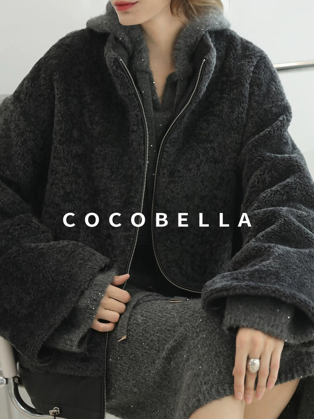 COCOBELLA Plush Faux Fur Relaxed Fit Zipper Longsleeve Women Office Charcoal Gray Jackets