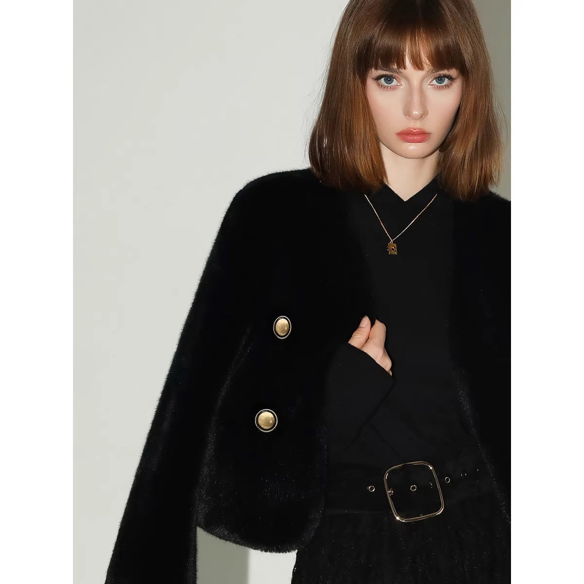 COCOBELLA_Plush_Faux_Fur_Short_V_Neck_Long_Sleeve_Ol_Workwear_Women_Black_Brown_Jackets_MISSTT