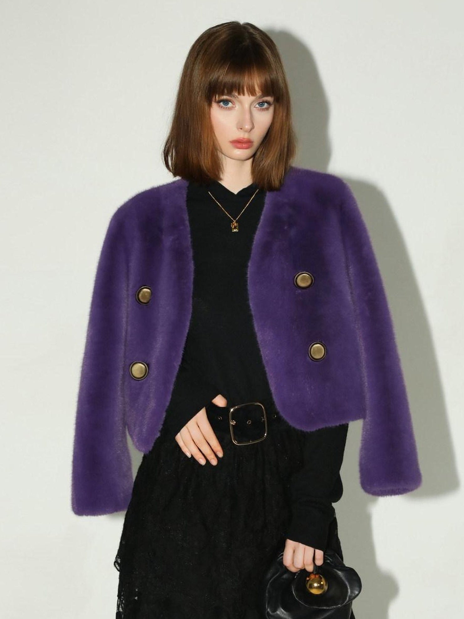 COCOBELLA Plush Faux Fur Short V Neck Long Sleeve Ol Workwear Women Black Brown Jackets