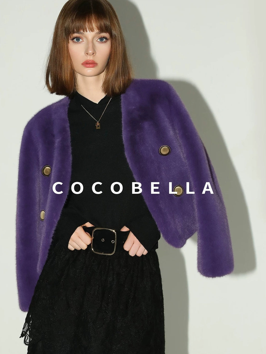 COCOBELLA Plush Faux Fur Short V Neck Long Sleeve Ol Workwear Women Black Brown Jackets