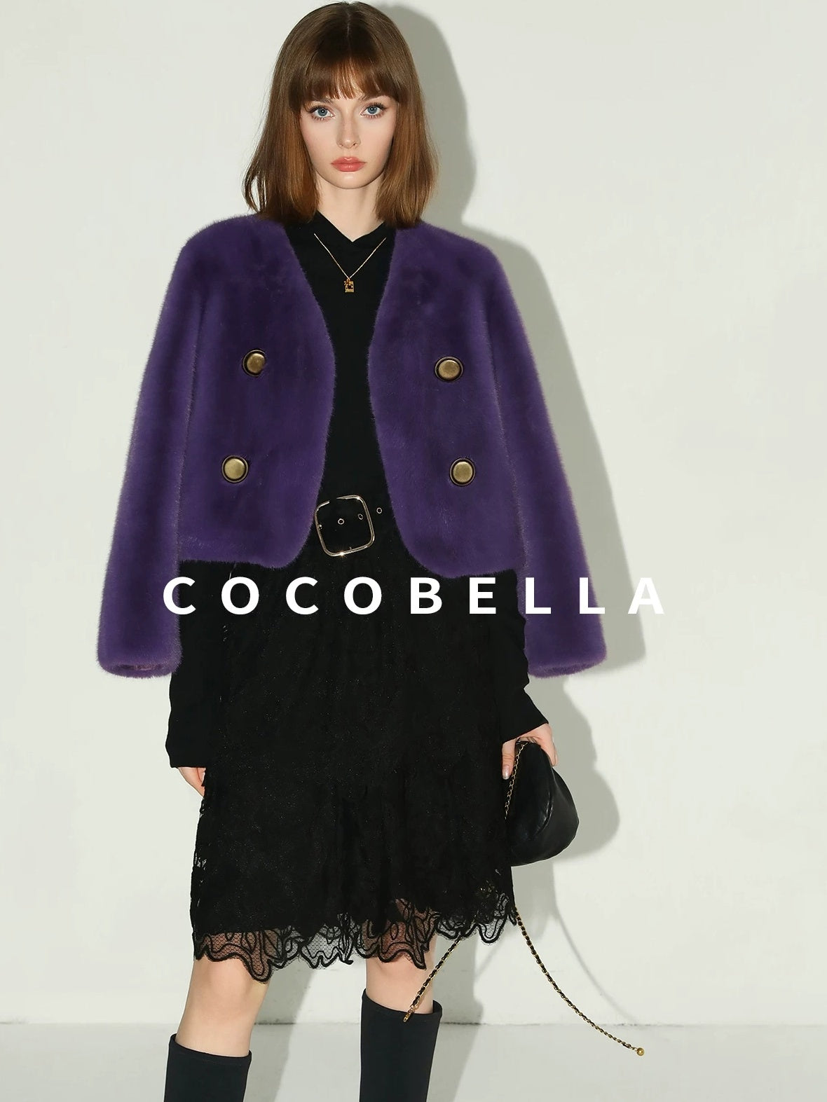 COCOBELLA Plush Faux Fur Short V Neck Long Sleeve Ol Workwear Women Black Brown Jackets