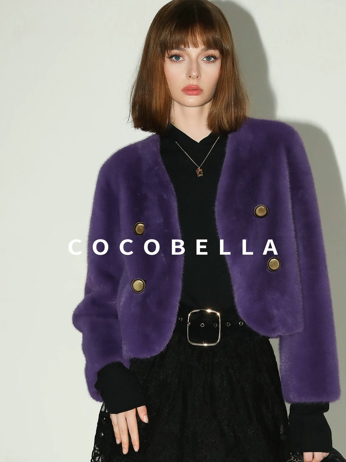 COCOBELLA Plush Faux Fur Short V Neck Long Sleeve Ol Workwear Women Black Brown Jackets
