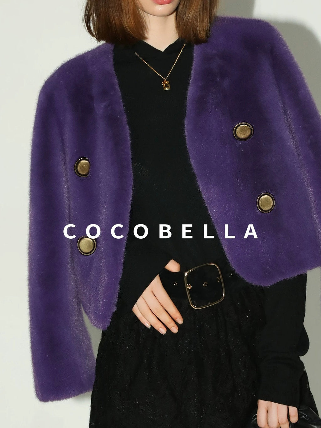 COCOBELLA Plush Faux Fur Short V Neck Long Sleeve Ol Workwear Women Black Brown Jackets