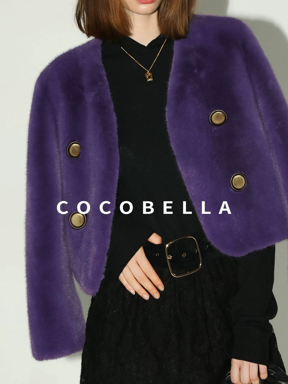 COCOBELLA Plush Faux Fur Short V Neck Long Sleeve Ol Workwear Women Black Brown Jackets