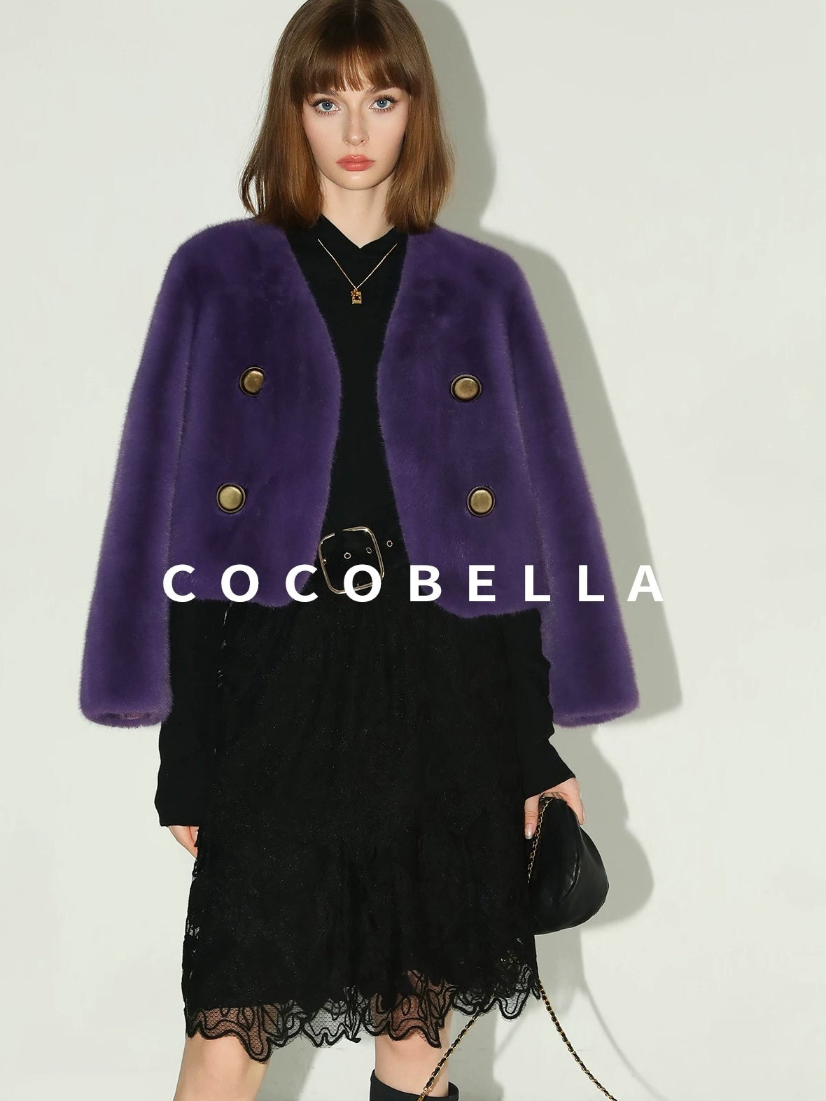 COCOBELLA Plush Faux Fur Short V Neck Long Sleeve Ol Workwear Women Black Brown Jackets