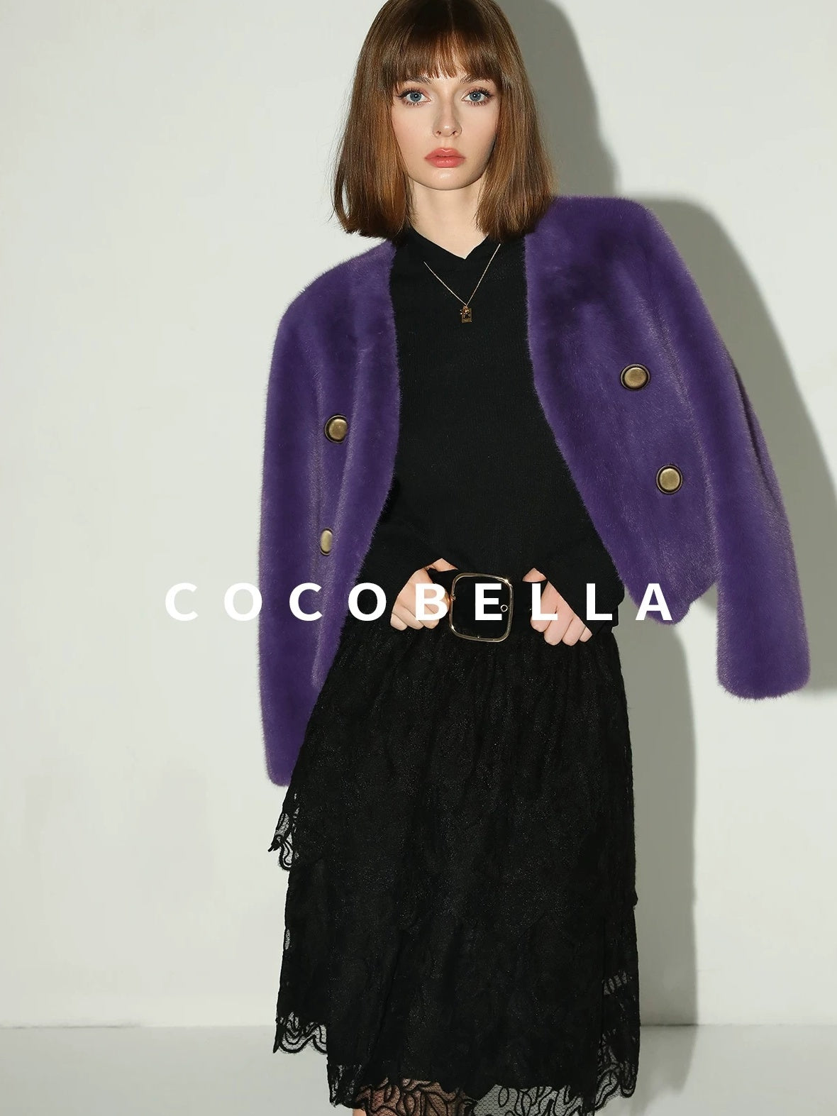 COCOBELLA Plush Faux Fur Short V Neck Long Sleeve Ol Workwear Women Black Brown Jackets