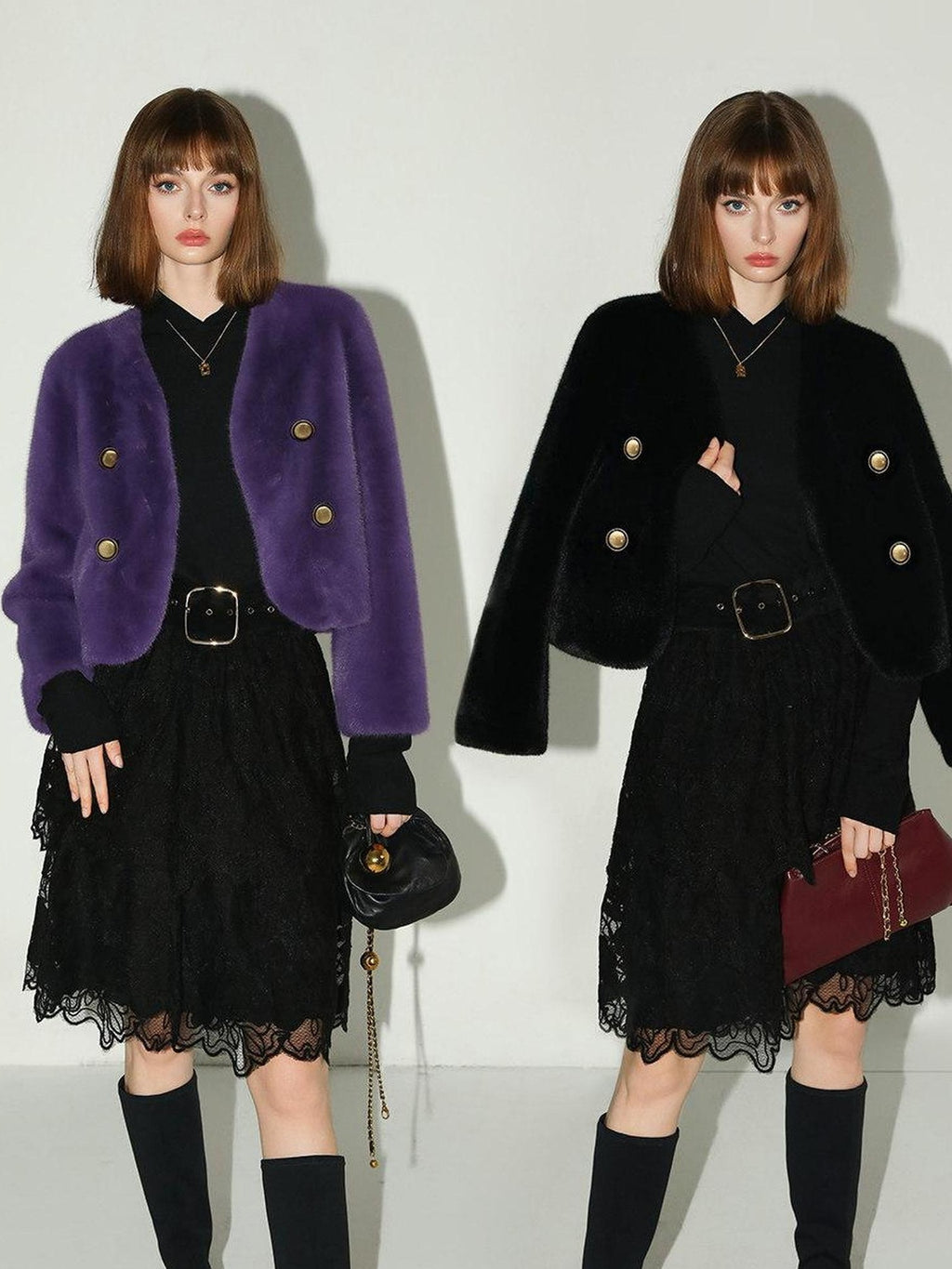 COCOBELLA Plush Faux Fur Short V Neck Long Sleeve Ol Workwear Women Black Brown Jackets