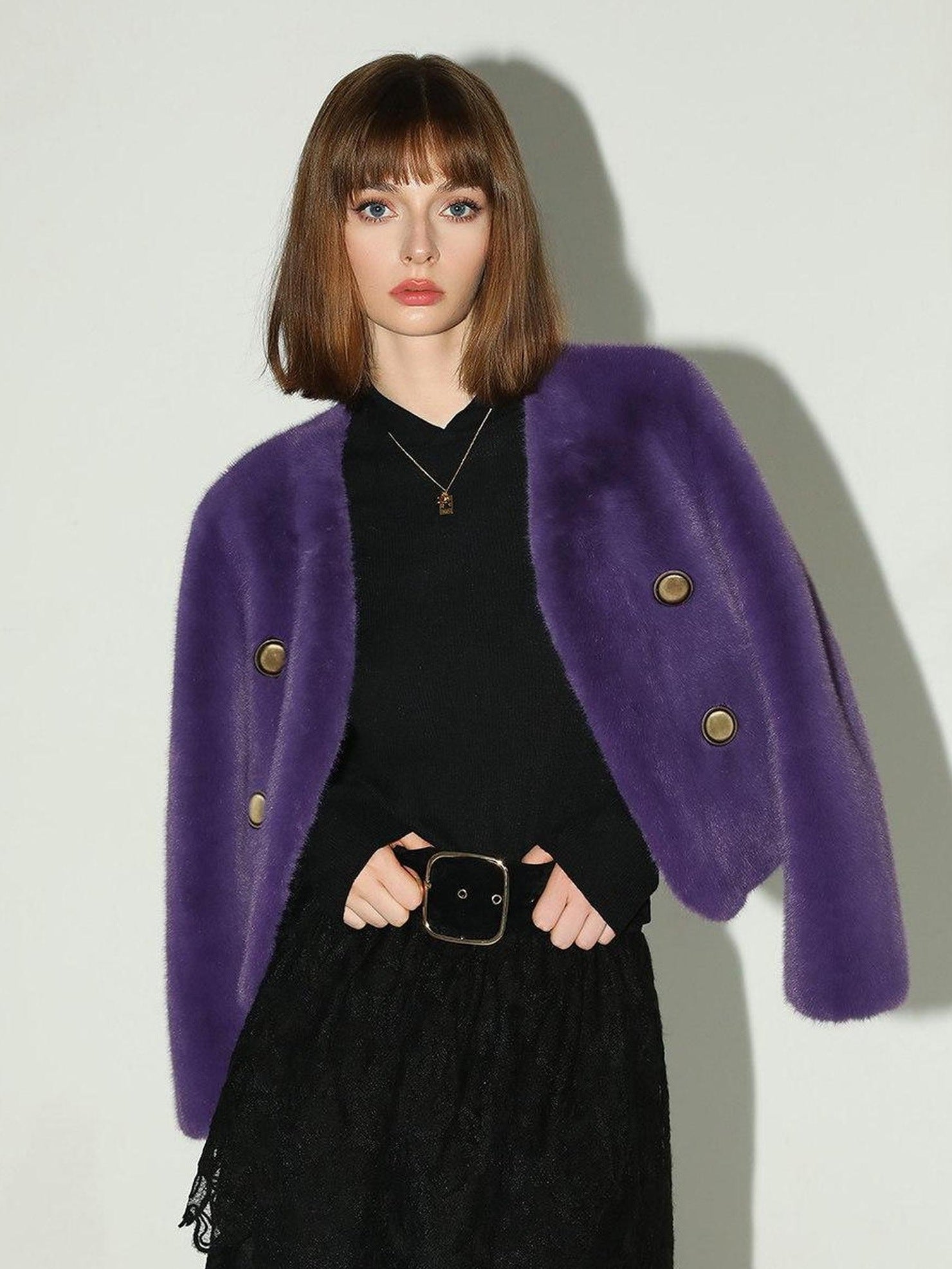 COCOBELLA Plush Faux Fur Short V Neck Long Sleeve Ol Workwear Women Black Brown Jackets