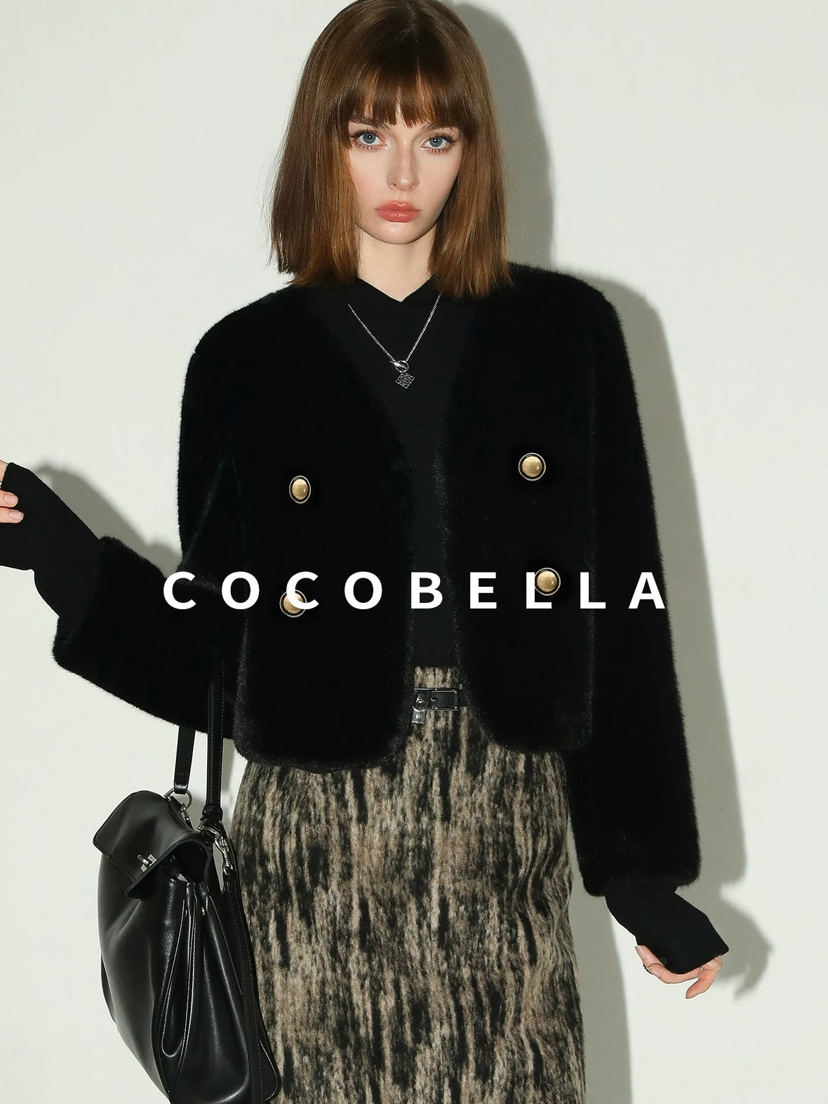 COCOBELLA Plush Faux Fur Short V Neck Long Sleeve Ol Workwear Women Black Brown Jackets