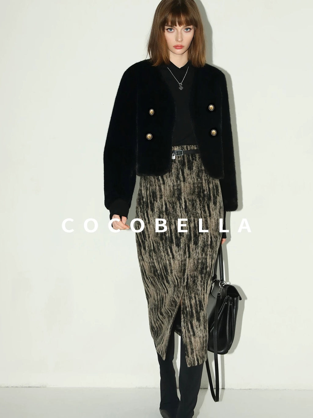 COCOBELLA Plush Faux Fur Short V Neck Long Sleeve Ol Workwear Women Black Brown Jackets