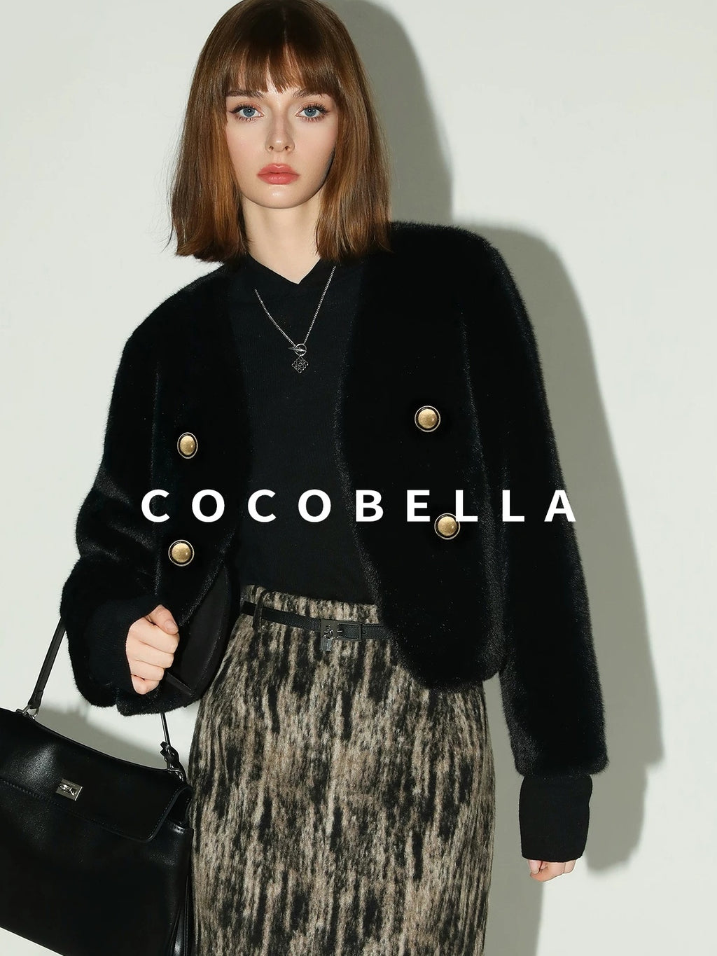COCOBELLA Plush Faux Fur Short V Neck Long Sleeve Ol Workwear Women Black Brown Jackets