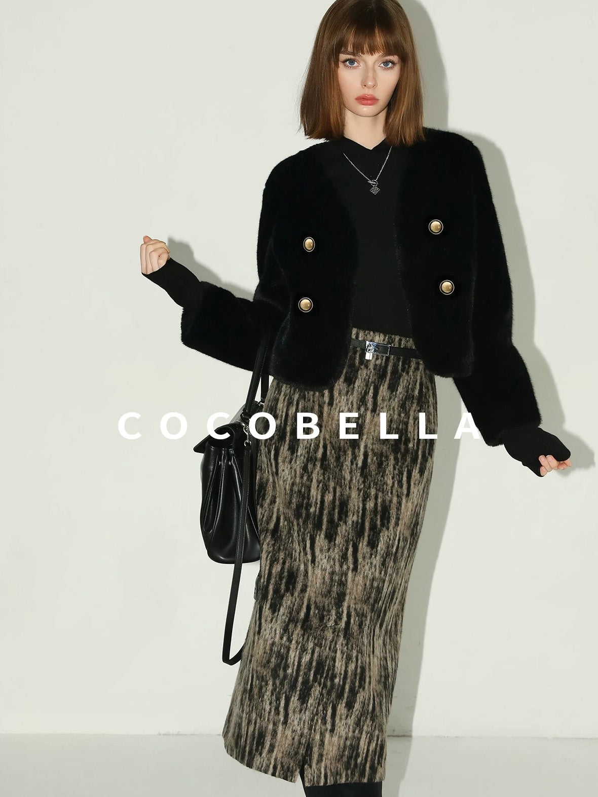 COCOBELLA Plush Faux Fur Short V Neck Long Sleeve Ol Workwear Women Black Brown Jackets