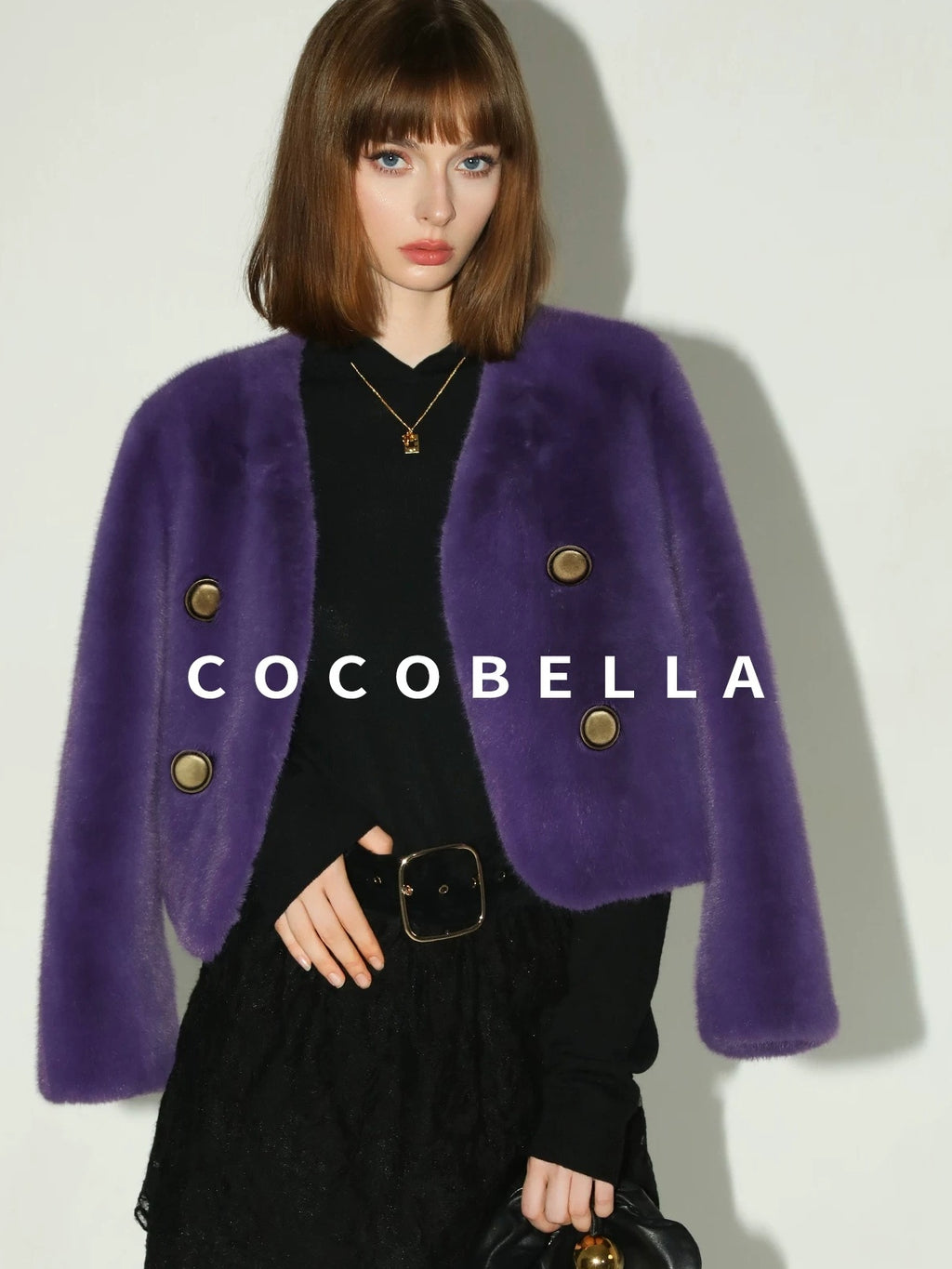 COCOBELLA Plush Faux Fur Short V Neck Long Sleeve Ol Workwear Women Black Brown Jackets