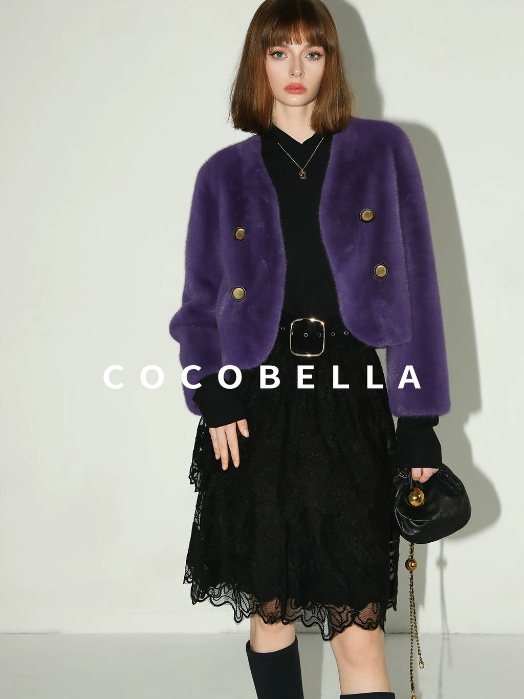 COCOBELLA Plush Faux Fur Short V Neck Long Sleeve Ol Workwear Women Black Brown Jackets