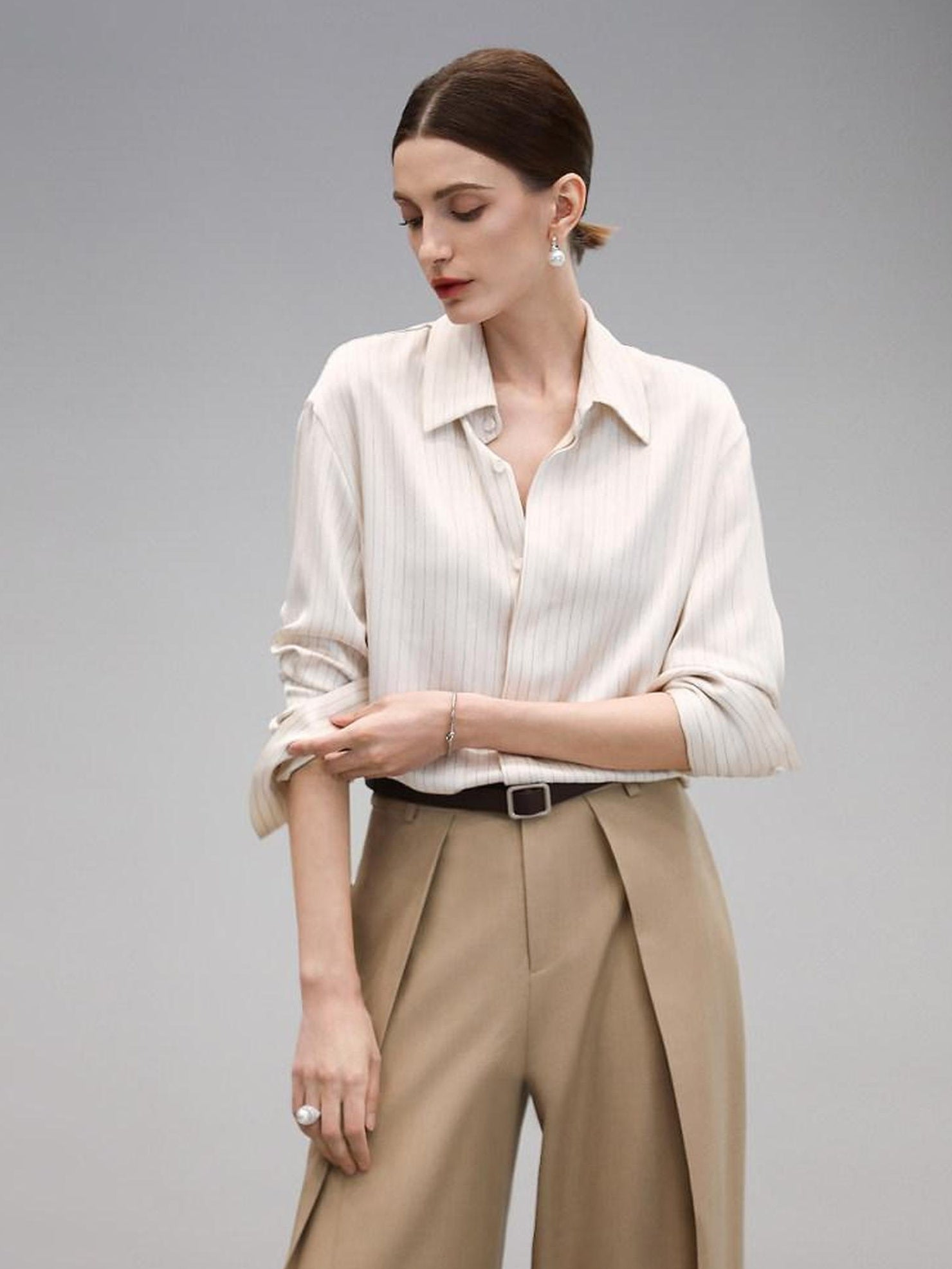 COCOBELLA Polyester Blend Striped Collared Button Front Straight Fit Office Shirts