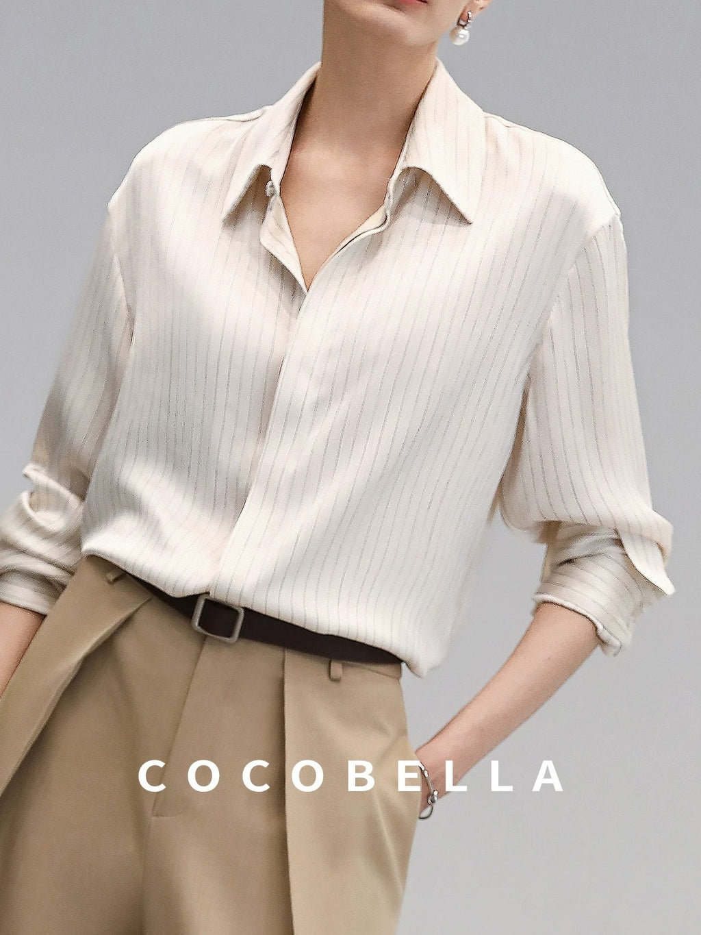 COCOBELLA Polyester Blend Striped Collared Button Front Straight Fit Office Shirts