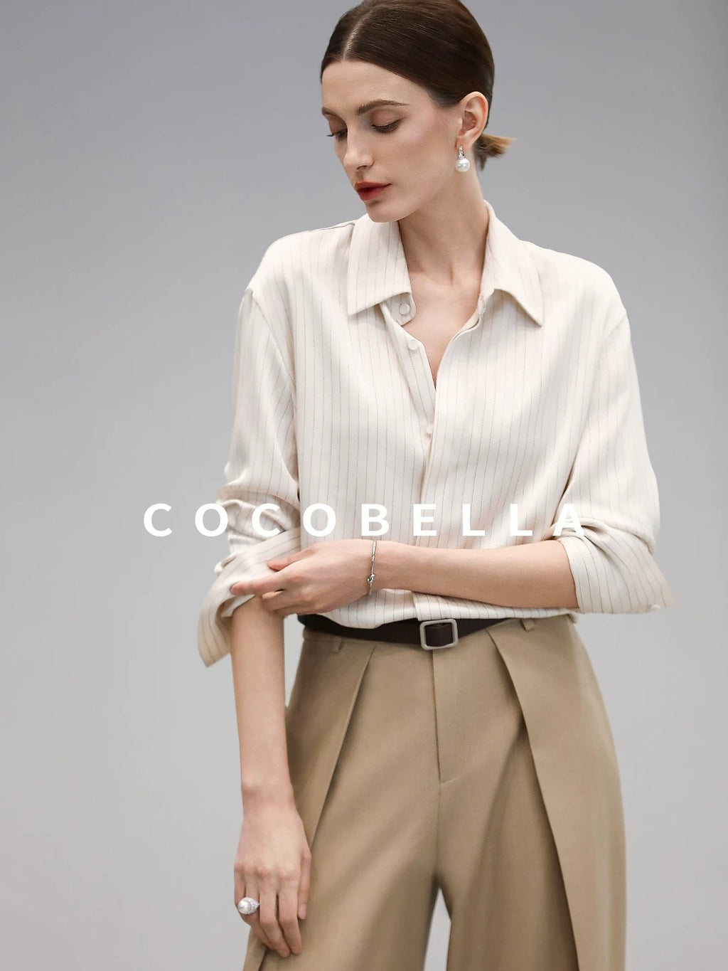 COCOBELLA Polyester Blend Striped Collared Button Front Straight Fit Office Shirts